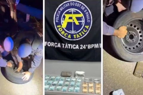 PM encontra R$ 67 mil e drogas escondidos dentro de estepe na SP-342